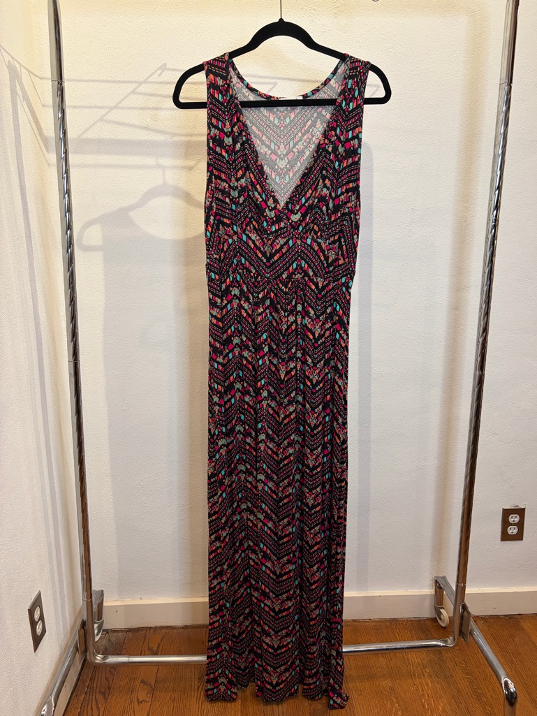 Sleeveless V-Neck Printed Maxi Dress - Black With Pink & Teal Accents